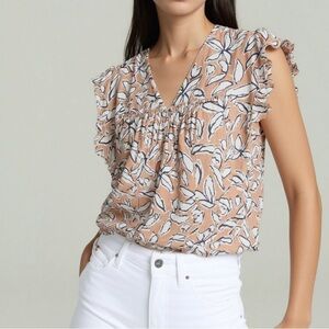 LOFT Floral Ruffle Sleeve V-Neck Top Sm